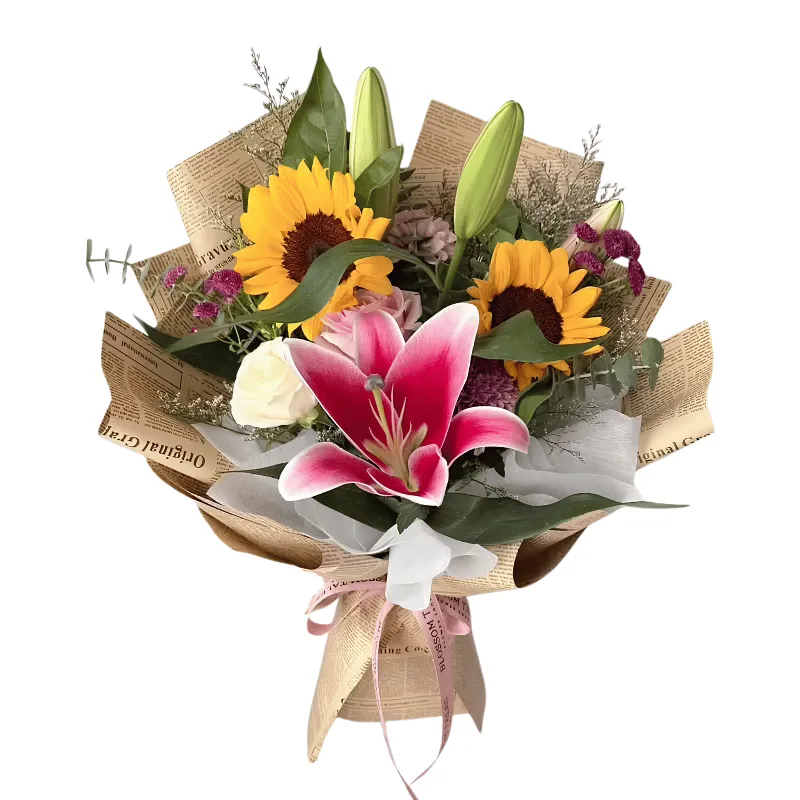 Hand Bouquet Sunflower & Lily Premium Elegan Rating Bagus